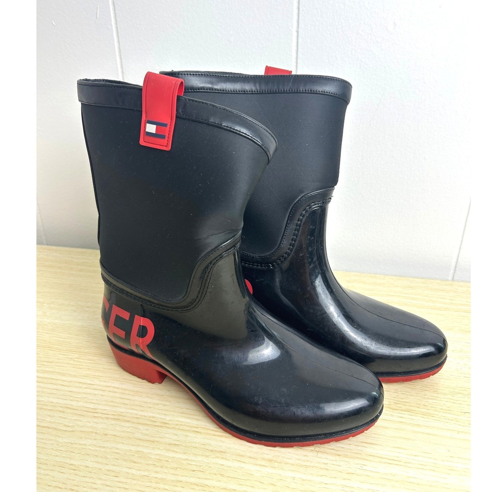 Tommy Hilfiger Women's Rain Boots Black Red‎ Waterproof Size 6 classic outdoor